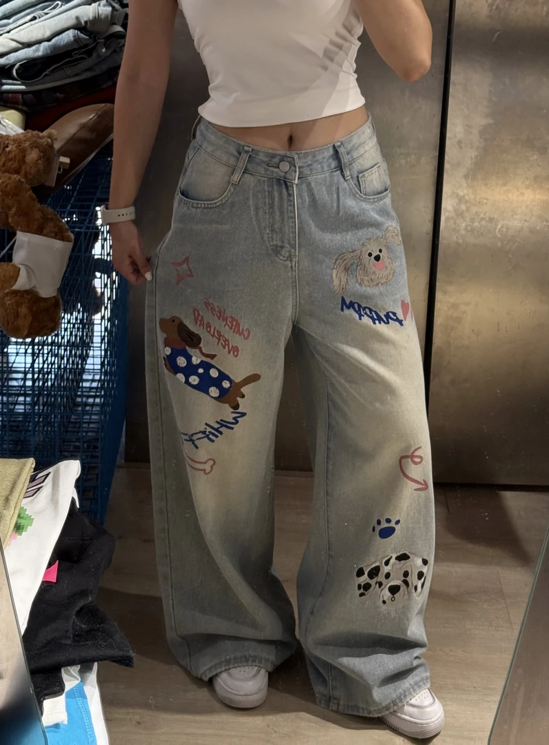 【济州岛】欧美卡通腊肠狗水洗渐变牛仔裤