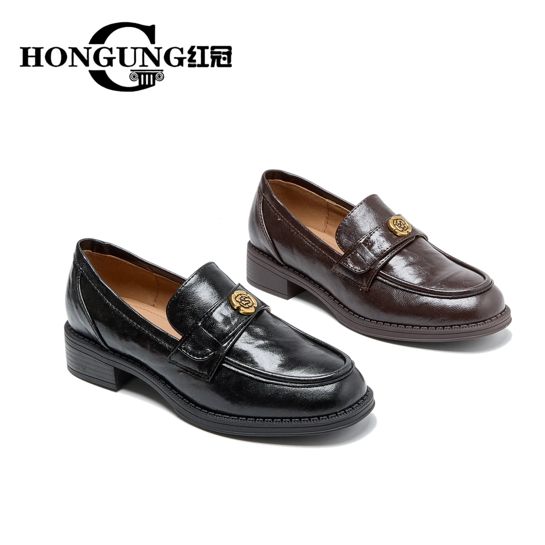 捡漏~红冠黑色小皮鞋女英伦风复古平底低跟通勤单鞋乐福鞋2511