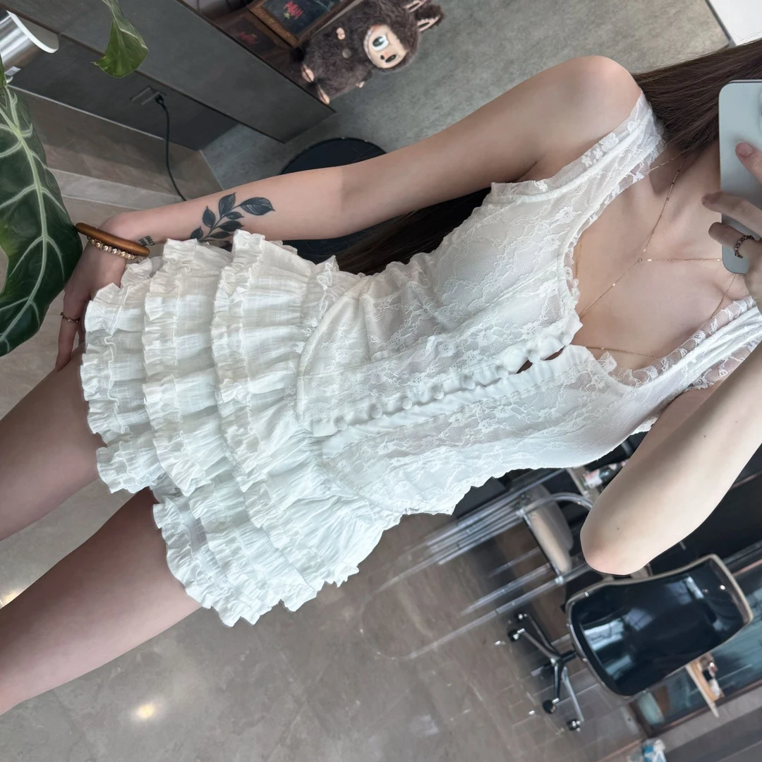 T&F夏季重工蕾丝拼接气质显瘦白色背心