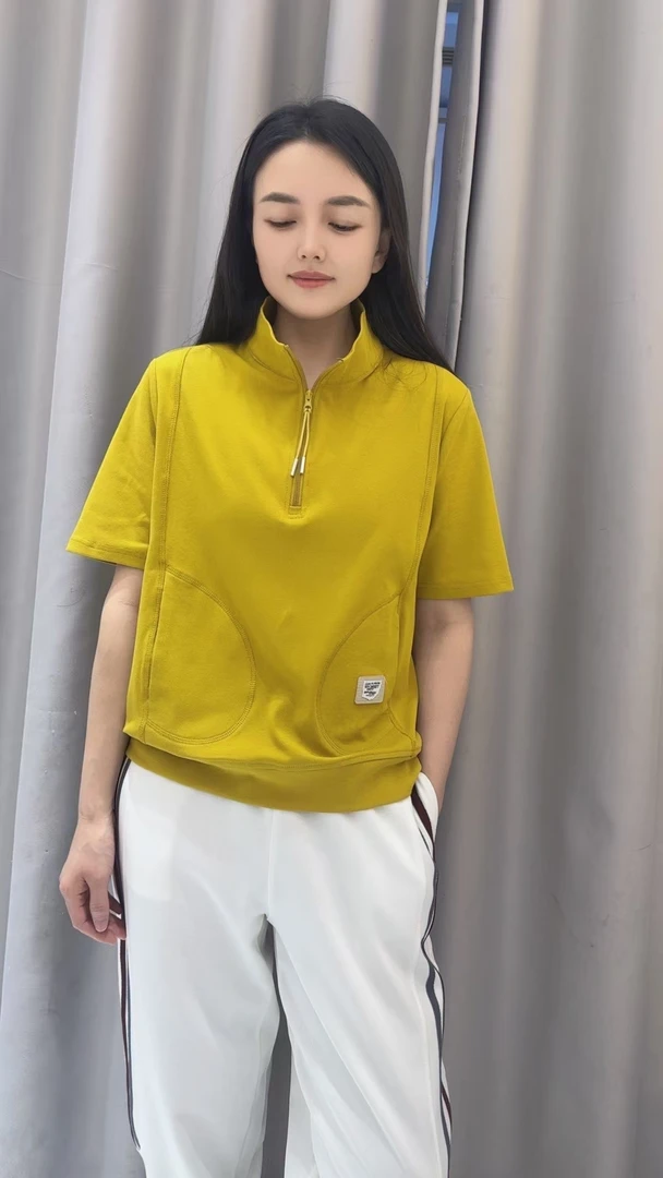 短袖翻领女士立领休闲拉链千金风修身型连帽套头时尚T恤