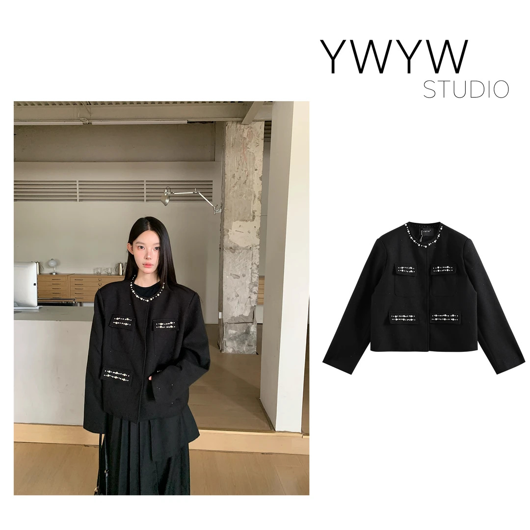 【YWYW25F/W】秋季气质珍珠钉珠小香风修身短外套5636