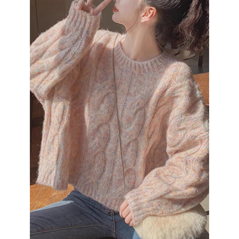 粉色温柔系毛衣女甜美仙宽松外穿设计感小众麻花套头短款针织衫
