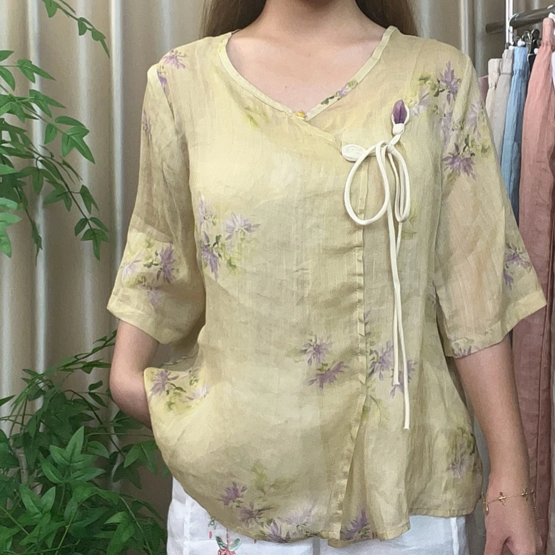 女斜襟复古套头衬衫国风上衣新款时尚中式刺绣圆领气质夏季百搭