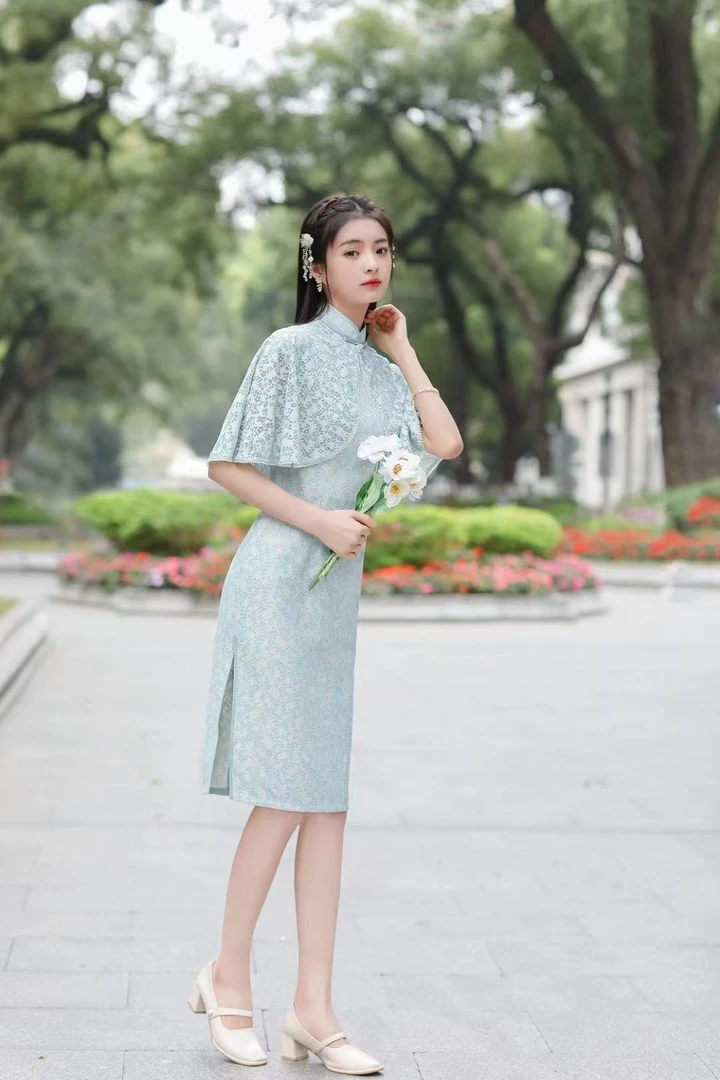 0077 蓝色 两件套 （俏佳人）  旗袍   没有披肩