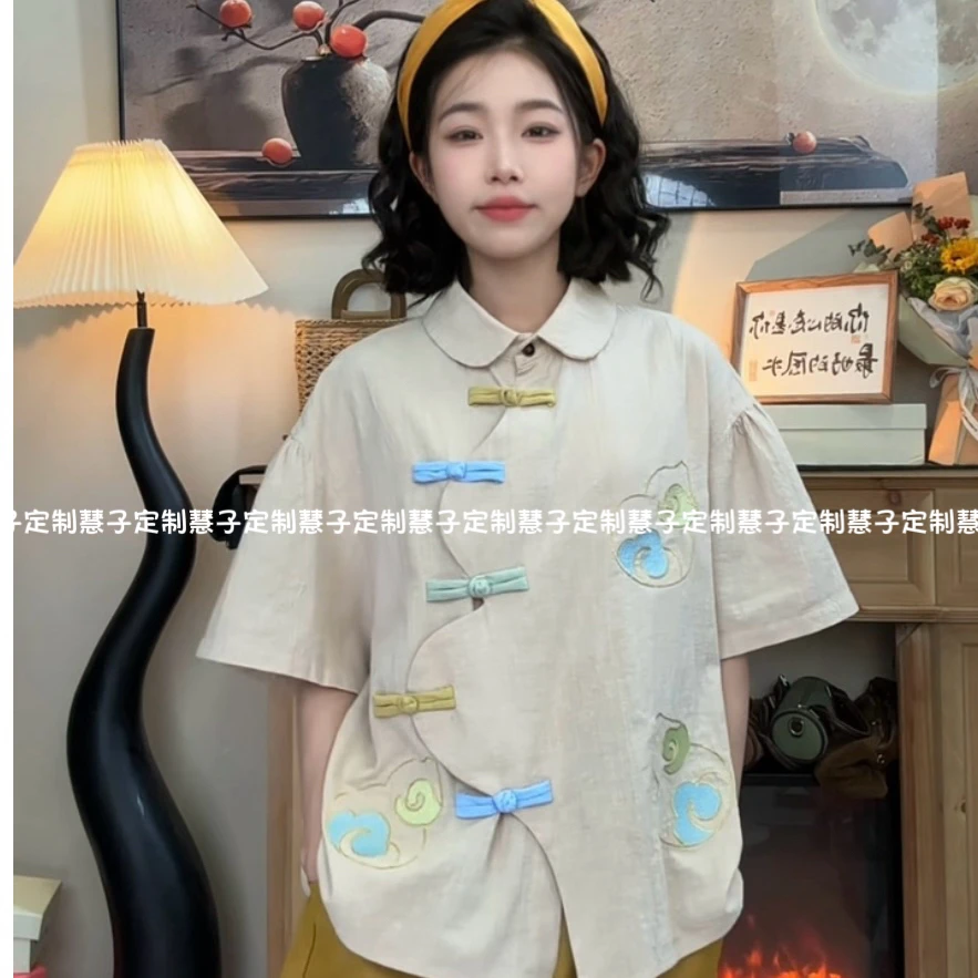HZ“祥云葫芦”原创葫芦刺绣夏季薄款棉料花朵门襟彩色盘扣短袖上衣