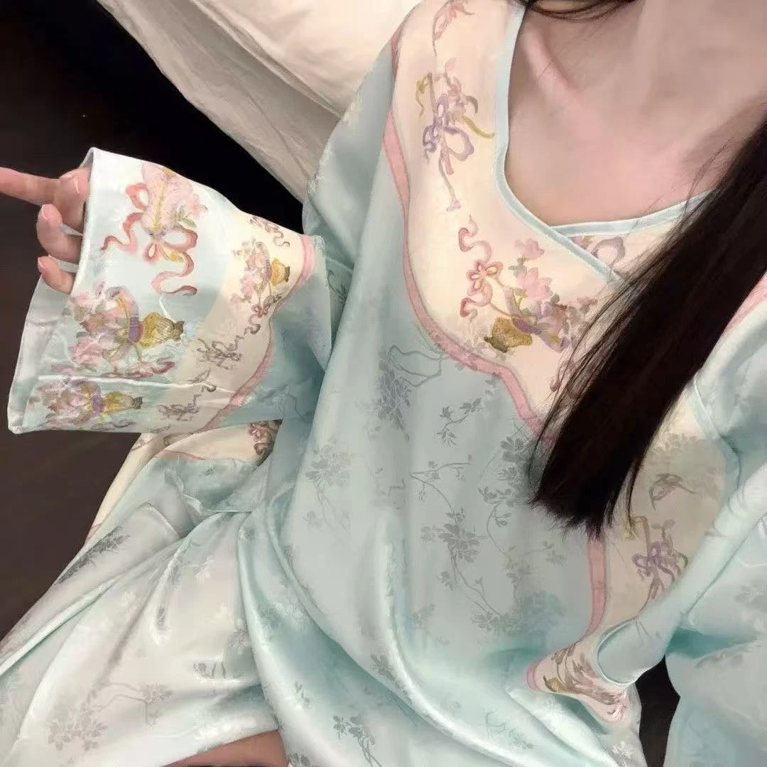 【百变】新中式国风复古温柔蓝花卉睡衣女夏季古风短袖长裤家居服
