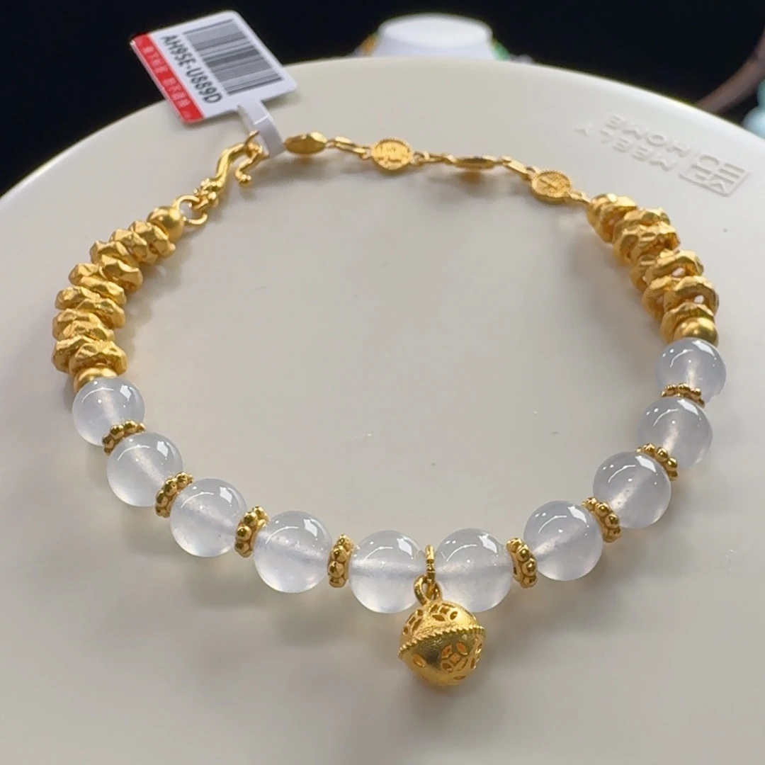 足金镶嵌手链翡翠高冰白月光盘缠手链（足金：4.8g左右）