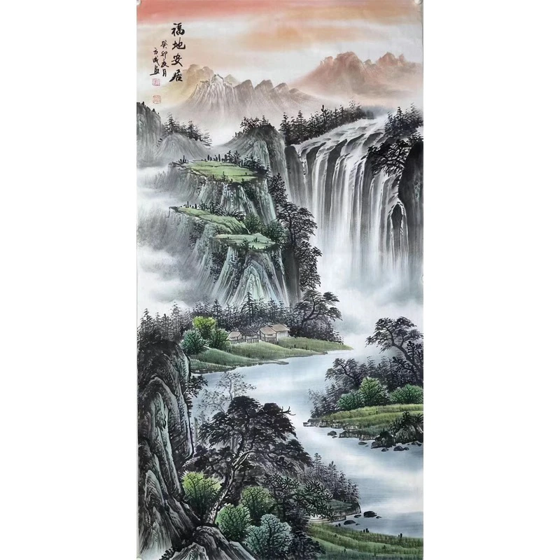 国画纯手绘四尺山水福地安居图适合玄关过道厅堂茶室餐厅客厅挂画