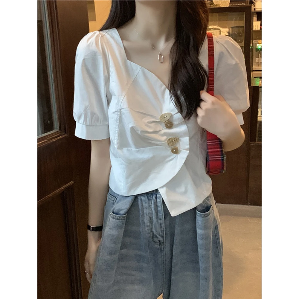 夏季新款法式复古方领短袖衬衫t恤女心机设计感小众洋气短款上衣