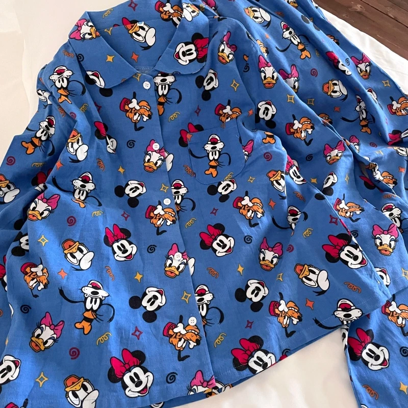 侘町蓝底米奇睡衣女款2025新款纯棉翻领套装秋冬家居服长袖可外穿