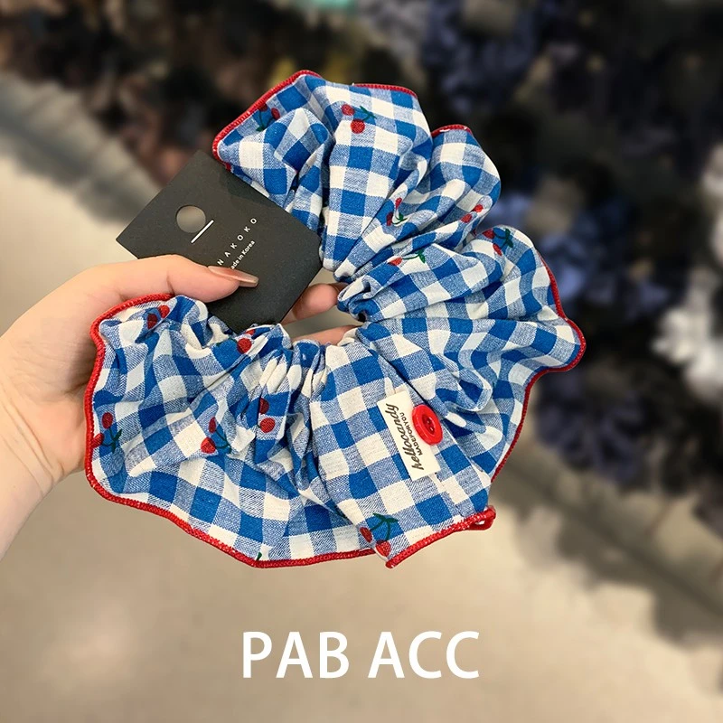 韩国新款蓝色格子樱桃纽扣肥肠圈学院风发圈甜美头绳高端耐用头花