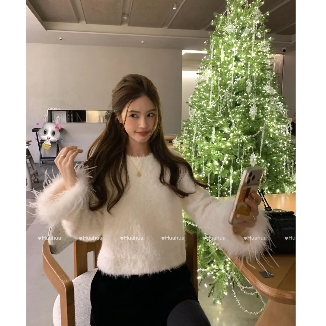 【花花】软糯小鸵~韩系鸵鸟毛混纺针织小香袖口可拆卸毛条圆领上衣