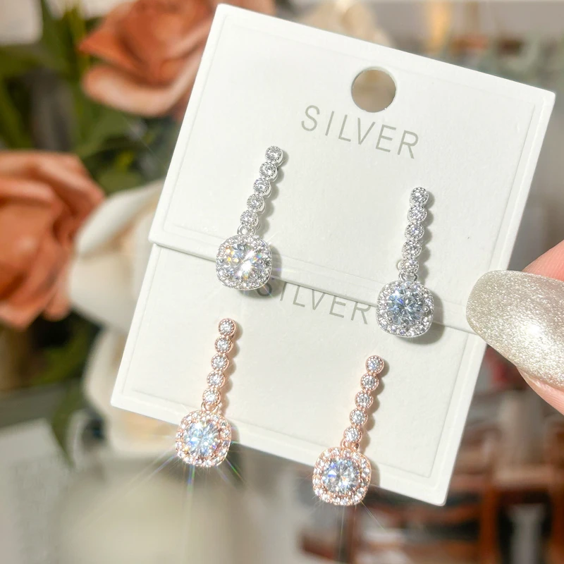 925银耳饰 女款超闪锆石长款方形耳钉气质百搭几何耳坠高级感耳饰