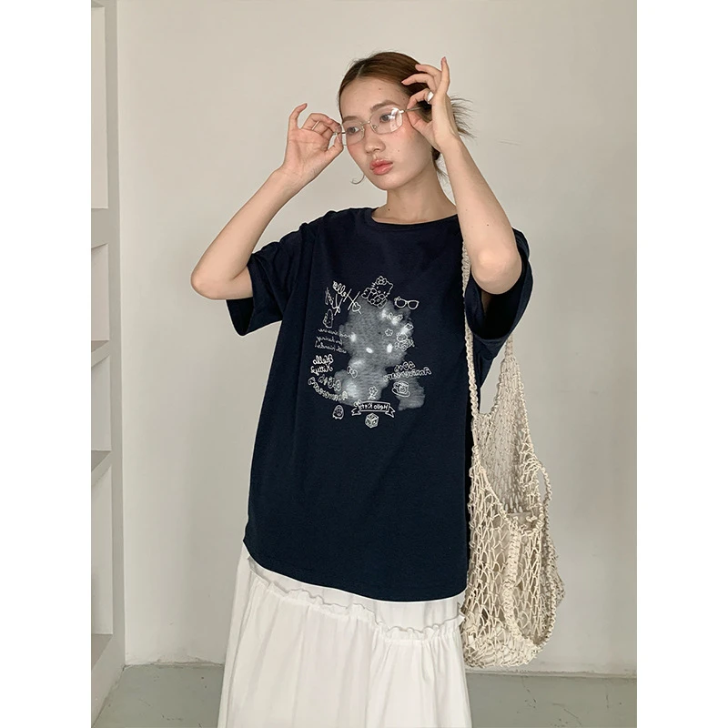 THE MIND刺绣印花重工短袖T恤女2025夏新款韩版宽松百搭上衣001AX