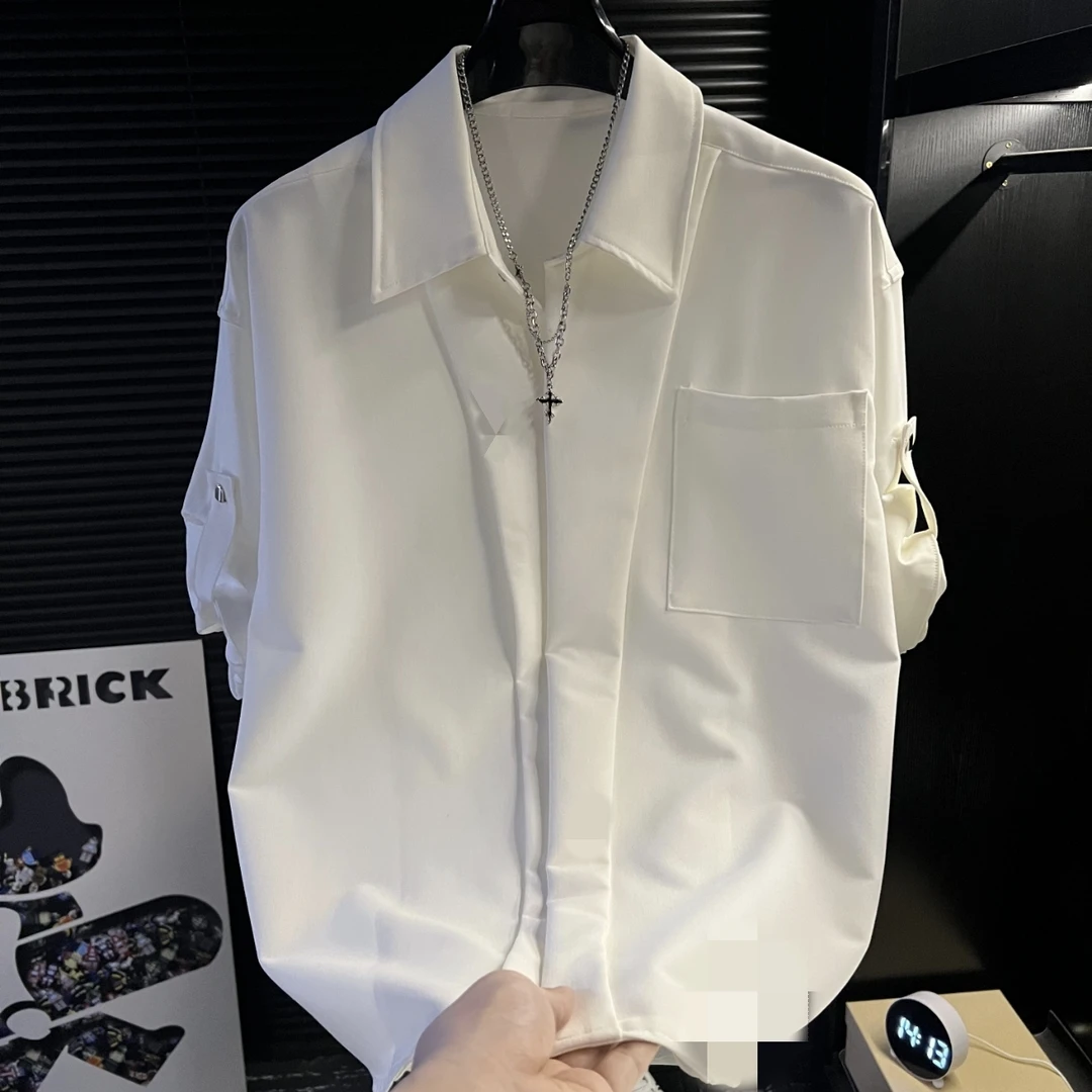 TQ-男装修身夏季衬衣高级感痞帅休闲白色衬衫短袖上衣