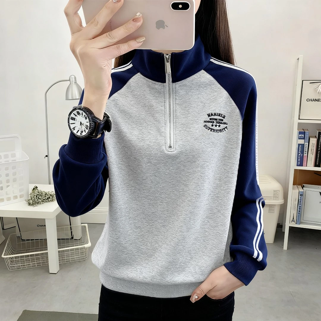 春秋薄款复古半拉链立领套头卫衣女装长袖外穿秋衣宽松减龄上衣服