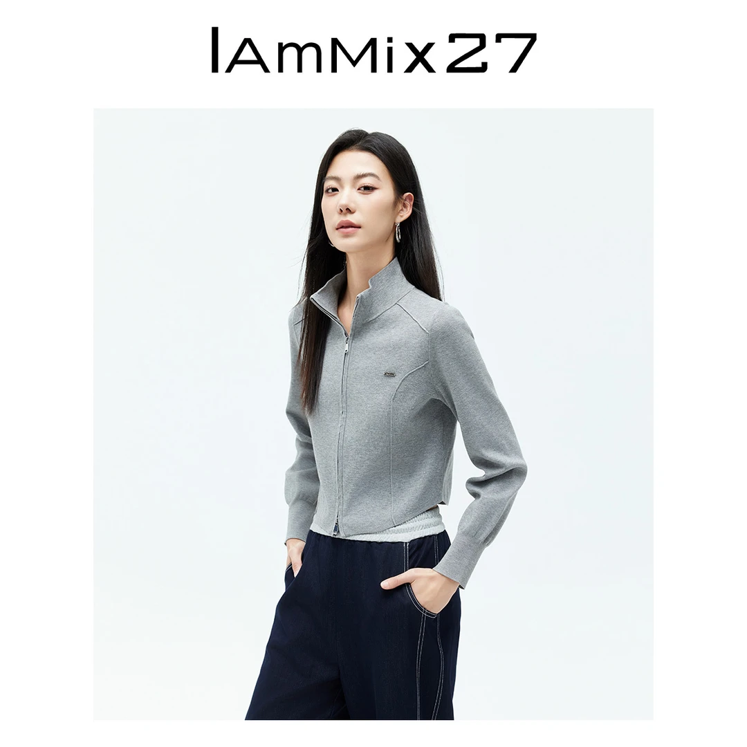 Iammix27双拉链针织开衫女春季百搭纯色打底衫针织上衣女Z5A5001