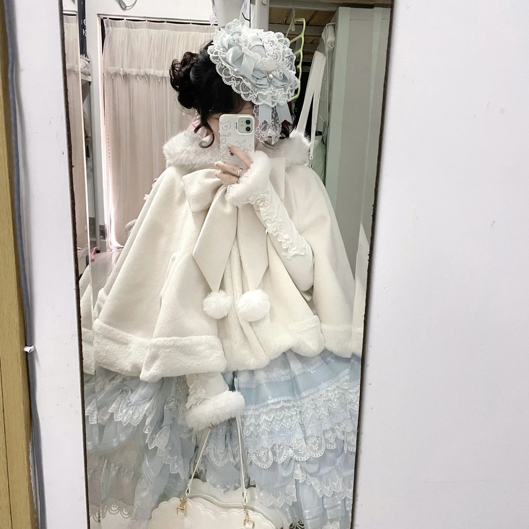 温柔甜美可爱兔耳朵蝴蝶结连帽斗篷宽松减龄冬季外套