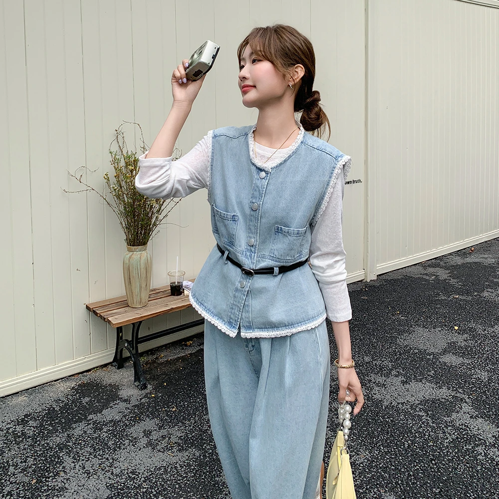 韩系复古高级感时尚套装女2025春夏新款T恤牛仔马甲阔腿裤三件套