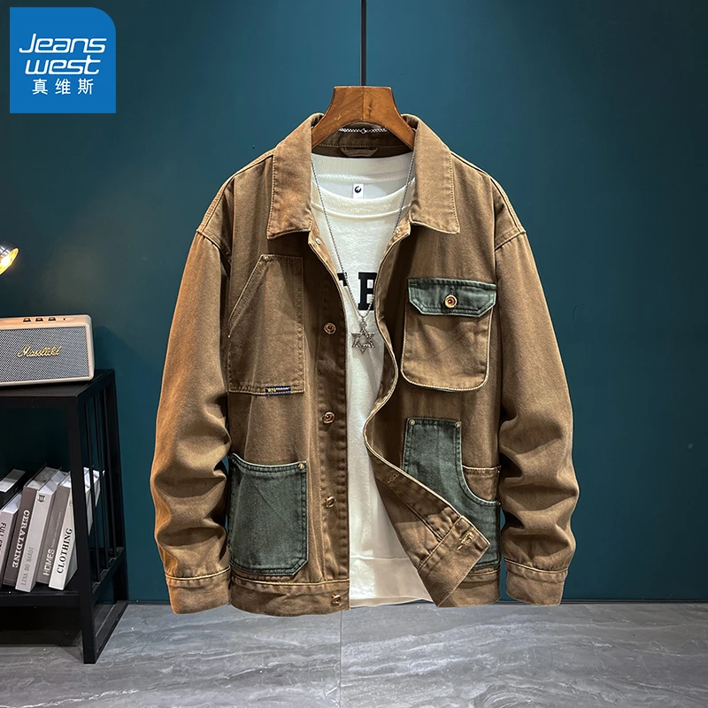 Jeanswest/真维斯工装牛仔外套男士休闲宽松复古上衣潮流拼色夹克