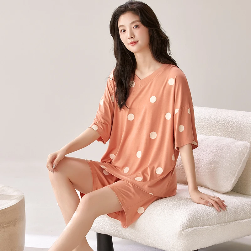 睡衣女夏季短袖短裤莫代尔V领夏天加大码宽松时尚薄款家居服套装