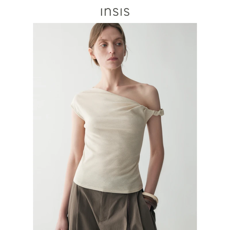 INSISFEMME【博主专属】2025新款单肩扭结小飞袖修身多穿领型T恤
