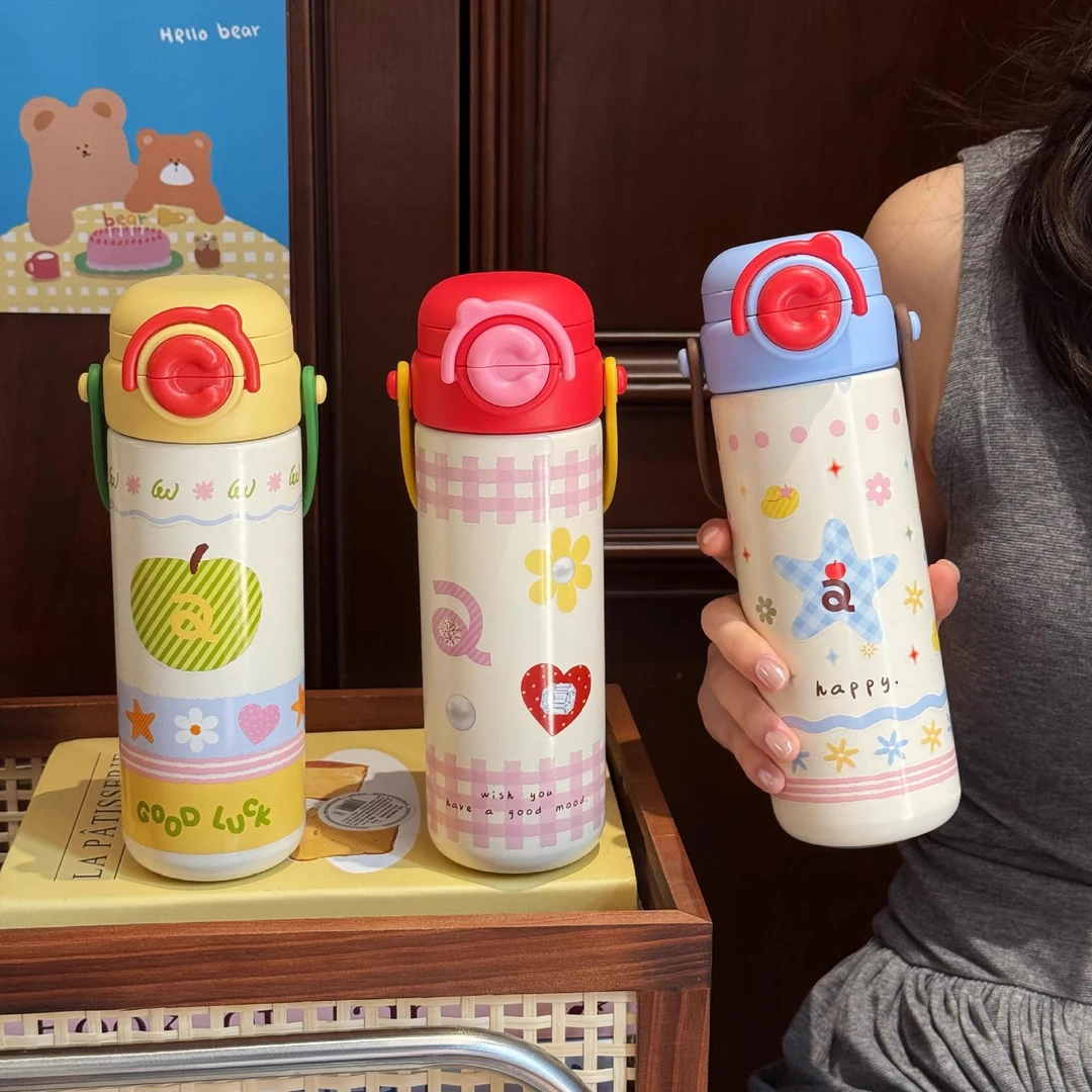 可爱保温杯便携女生高颜值双饮吸管杯子学生上学不锈钢送礼水杯