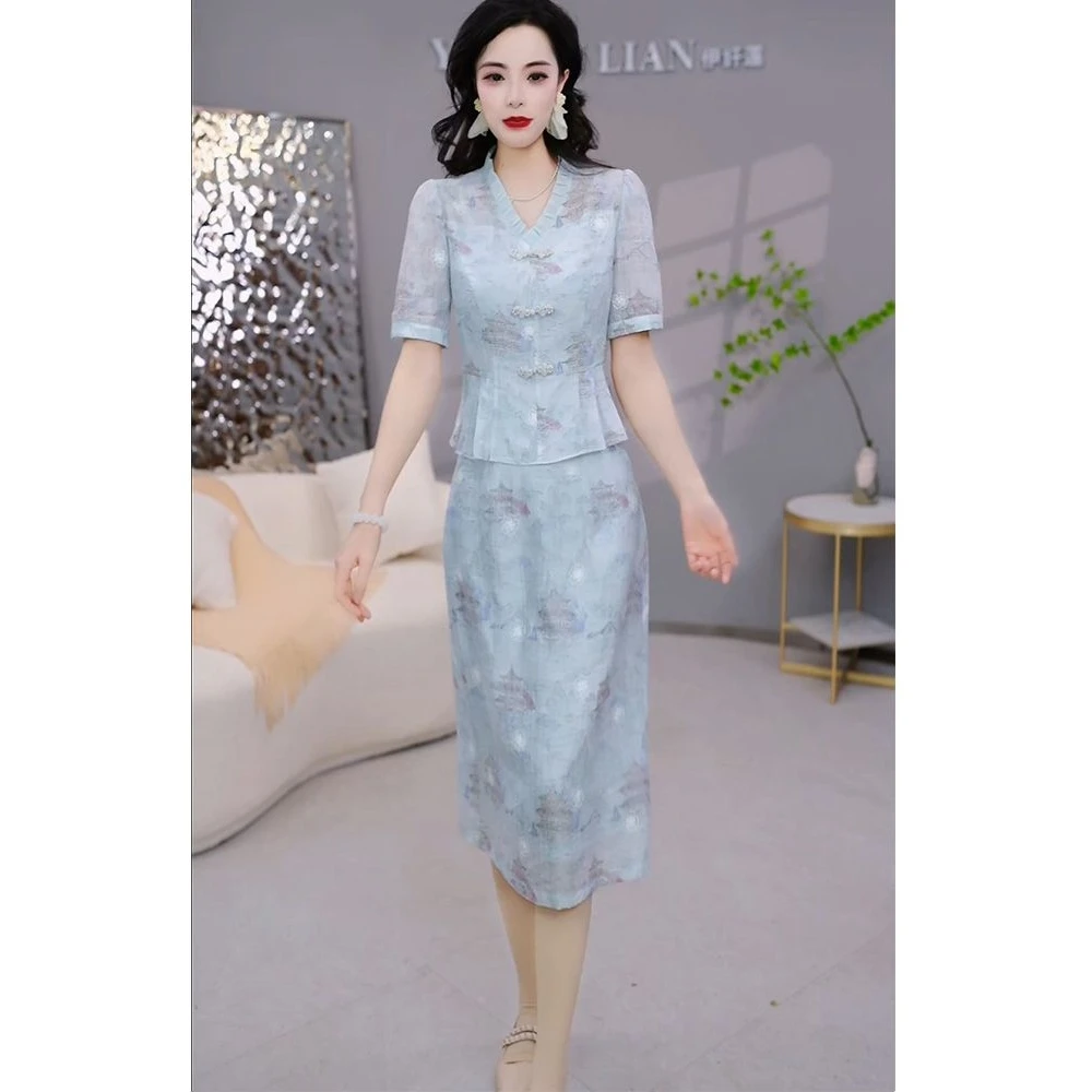 高档冰丝绉上衣半身裙两件套2025夏季新款时尚优雅显瘦套装裙