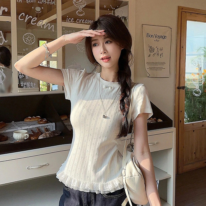 2025新品甜美蕾丝拼接短袖针织衫女夏季减龄爱心提花chic显瘦上衣