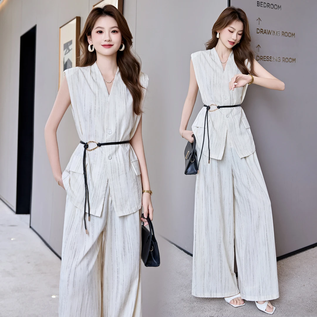高级感气质系带衬衫套装女2025年夏季新款轻熟风晕染阔腿裤两件套