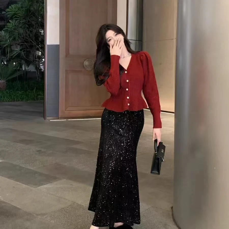 鱼尾亮片丝绒半身裙女秋冬修身显瘦长裙黑色闪闪包臀鱼尾裙气质