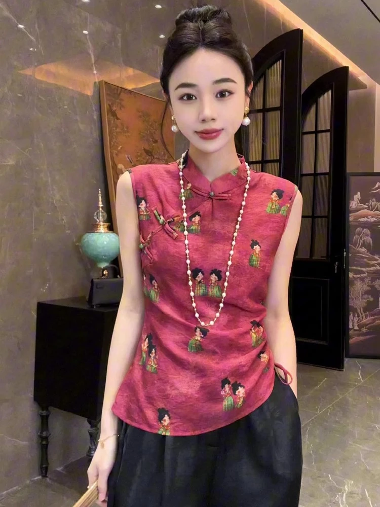 国风复古印花盘扣无袖衬衫女夏季2025新款高级感气质修身显瘦上衣