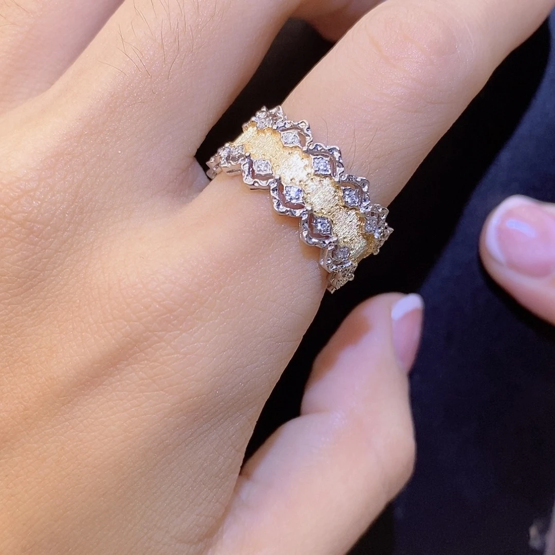 钻石18K金镶嵌戒指/指环拉丝蕾丝双色