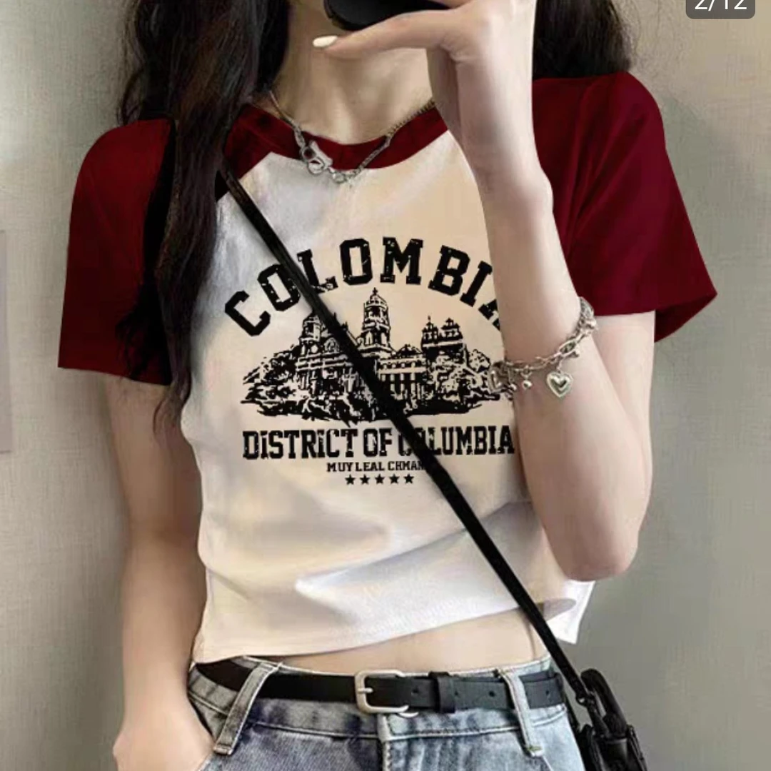 19887黑白撞色修身短款短袖T恤女2025春夏新款欧货上衣