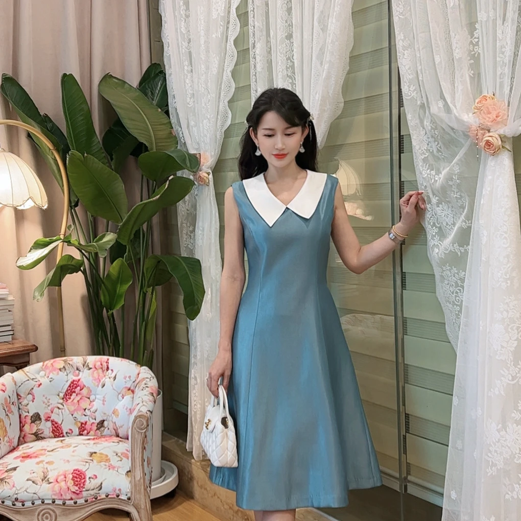 【蓝屿晴空】AN020  安妮老板 撞色翻领减龄有口袋无袖连衣裙