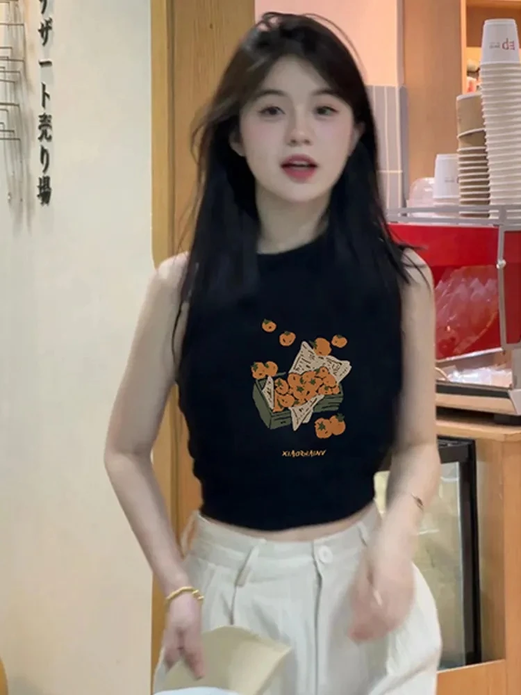 设计感小众印花内搭无袖背心女紧身显瘦辣妹纯欲风露脐上衣外穿潮