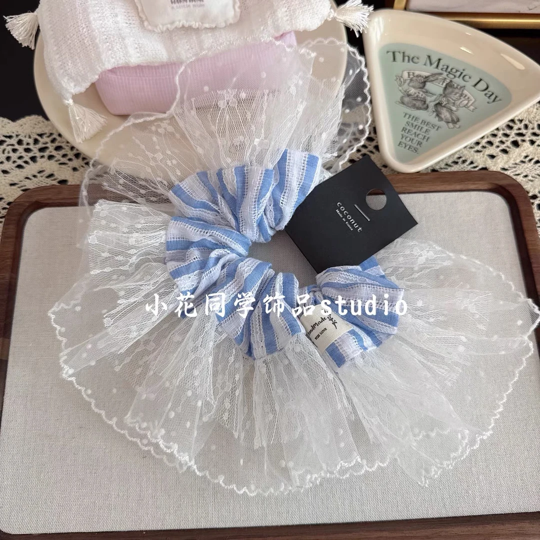 韩国发饰2025新款高级精致白色蓝白色蕾丝花边条纹圆点大肠发圈