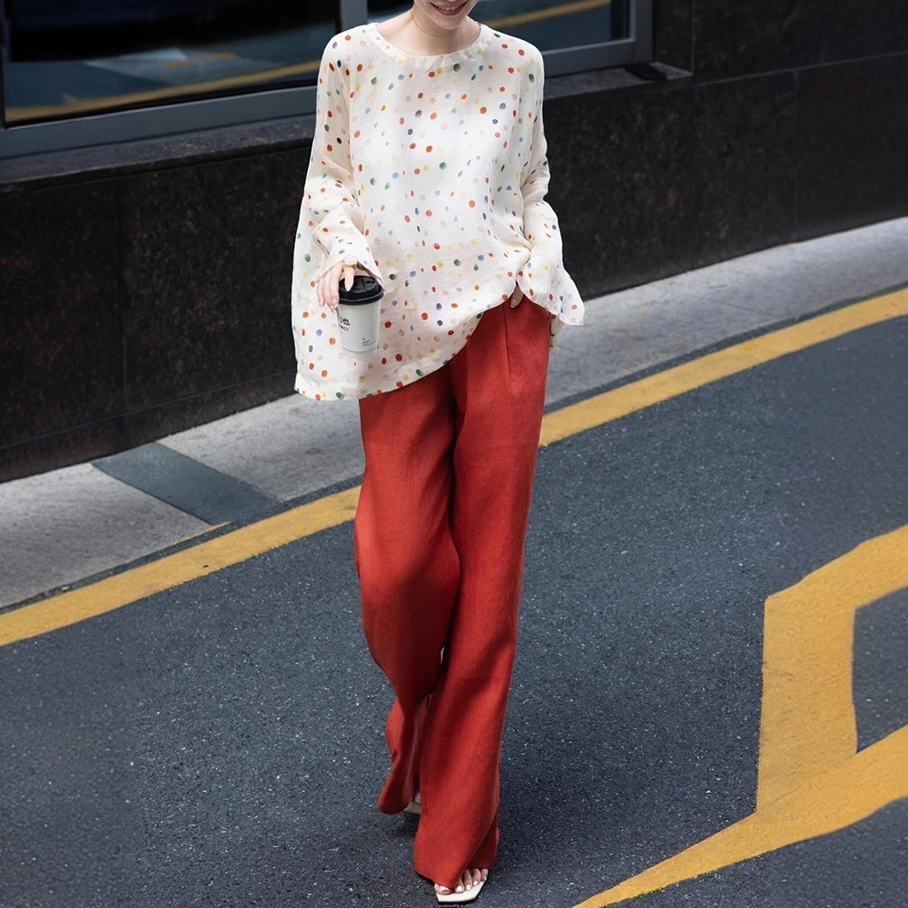 独特绝美夏天套装女2025新款时尚白色波点圆领上衣高腰长裤两件套