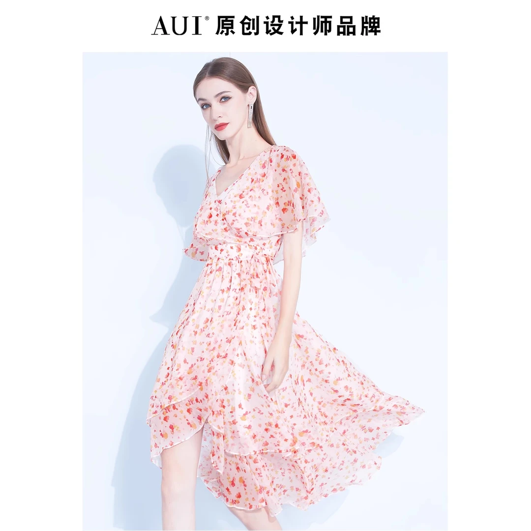 【七语专属】AUI碎花雪纺连衣裙粉色名媛荷叶边v领裙子-21D018209