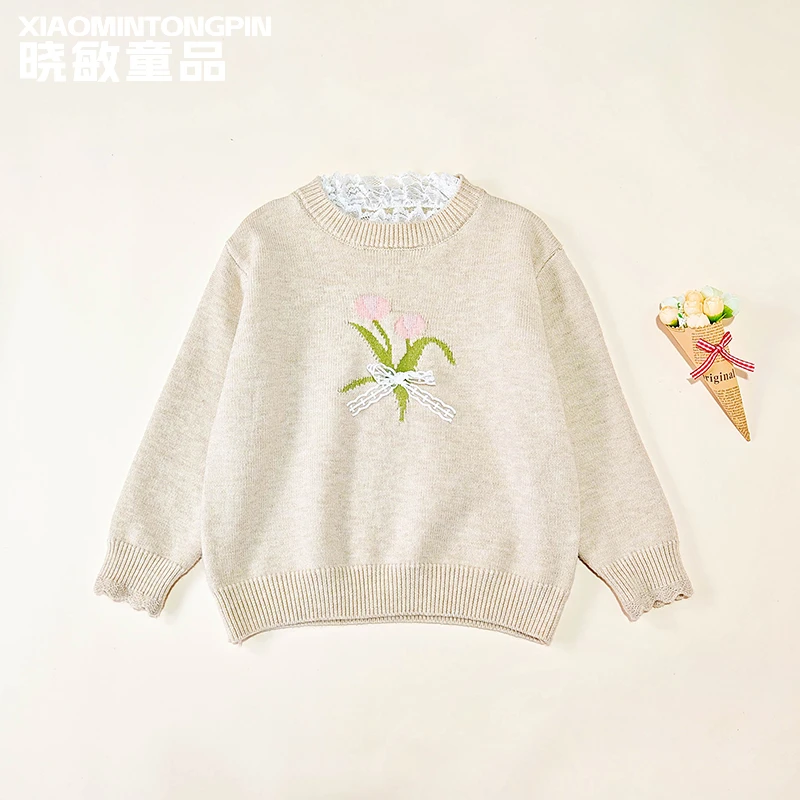 【现货】童装冬装儿童衣服女童宝宝上衣花朵花边领毛衣XM2299
