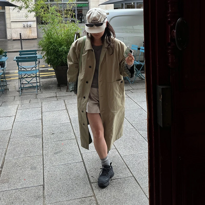 【泡菜】-两面穿时尚休闲复古百搭宽松中长款拼接韩版设计感风衣