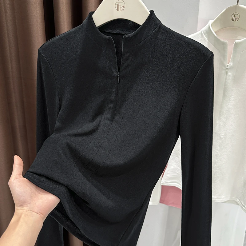 洋气隐形拉链设计长袖上衣女秋冬季新款黑色气质半高领针织打底衫