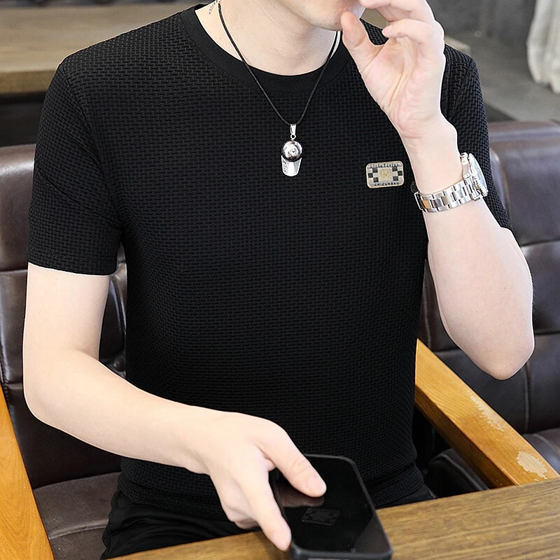 啄木鸟男士韩版冰丝短袖T恤夏天休闲打底衫潮流高档华夫格上衣