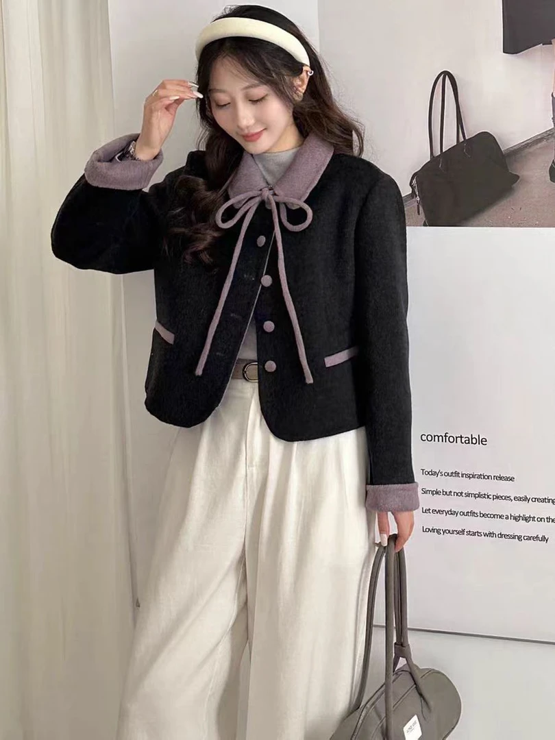 2025秋冬款小香风翻领毛呢外套韩系减龄少女风蝴蝶结宽松呢子上衣