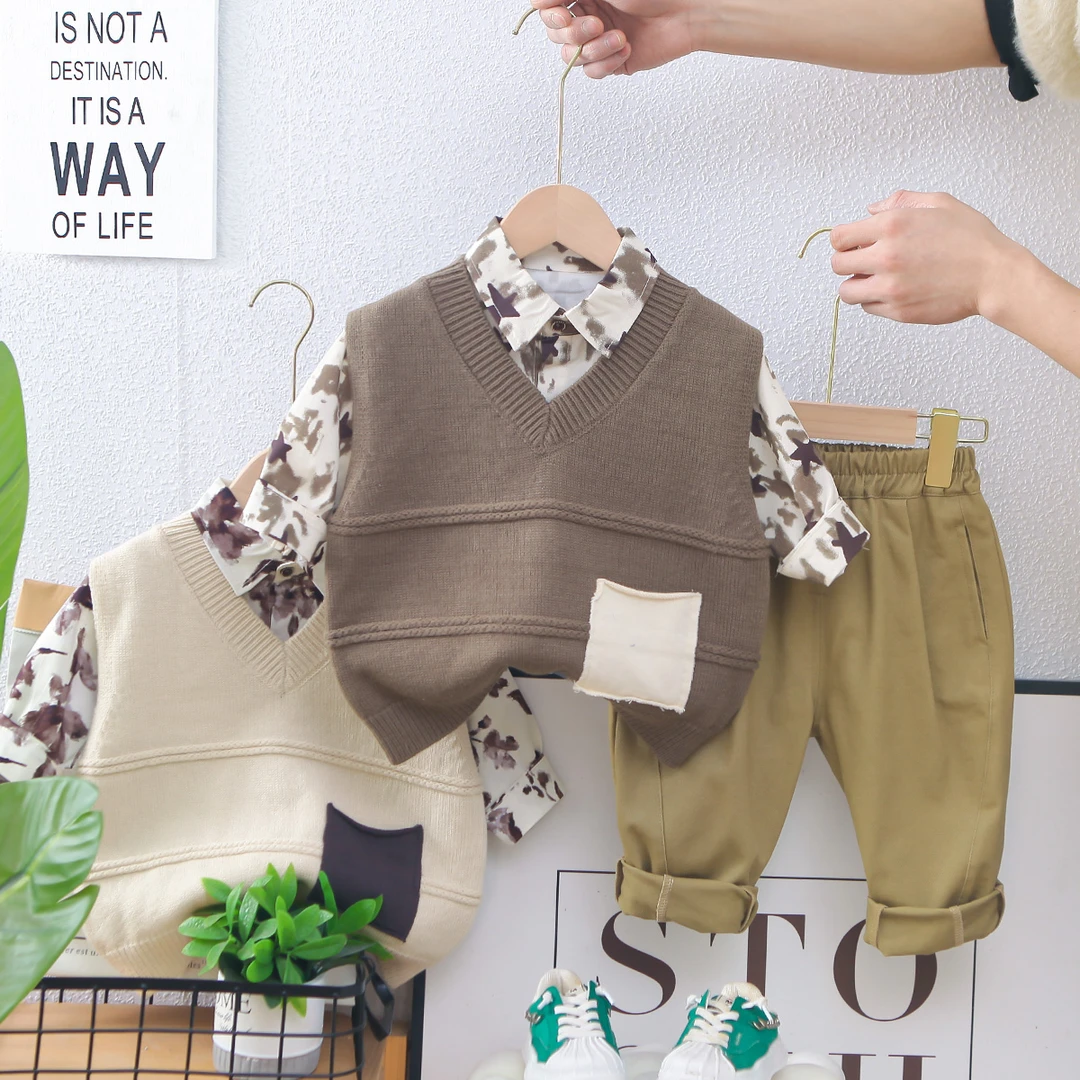 男童套装春秋装2025新款儿童秋季毛衣马甲三件套宝宝酷帅时髦童装