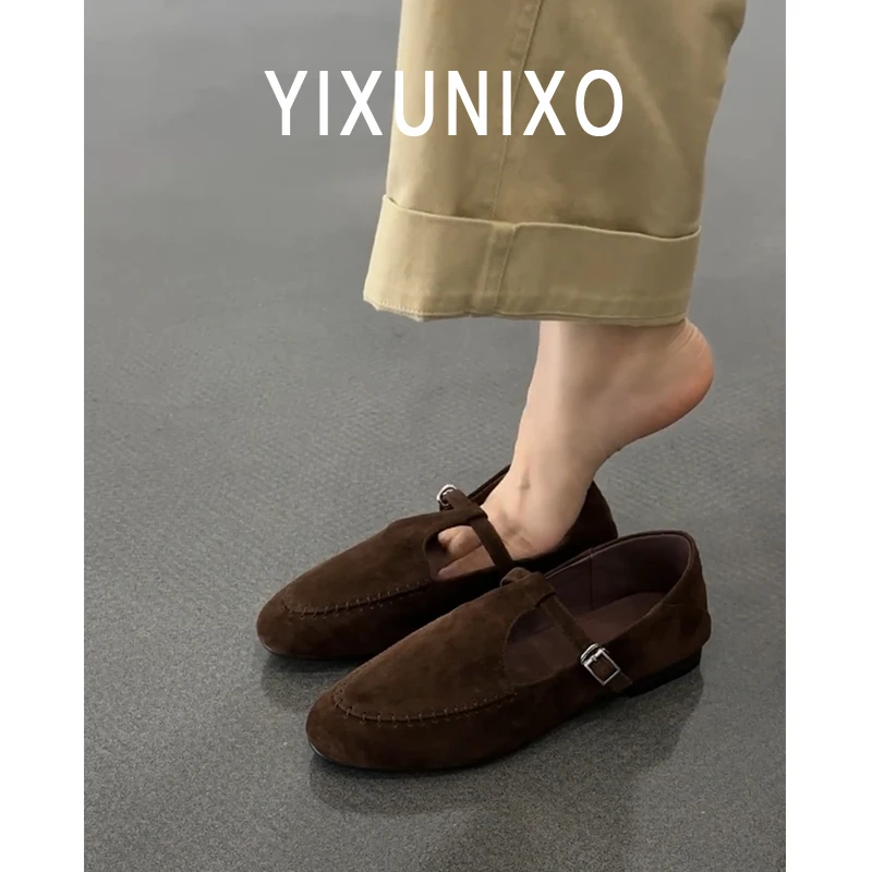 羊皮版~法式复古丁字带新款平底单鞋女舒适百搭圆头软底玛丽珍鞋