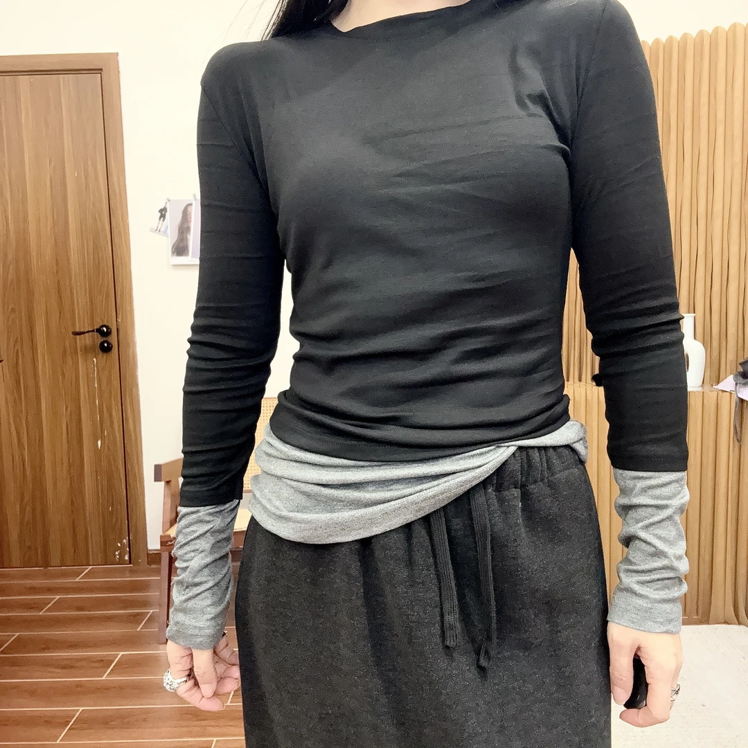 （哭娃）极简风秋季圆领拼色长袖T恤打底衫休闲百搭