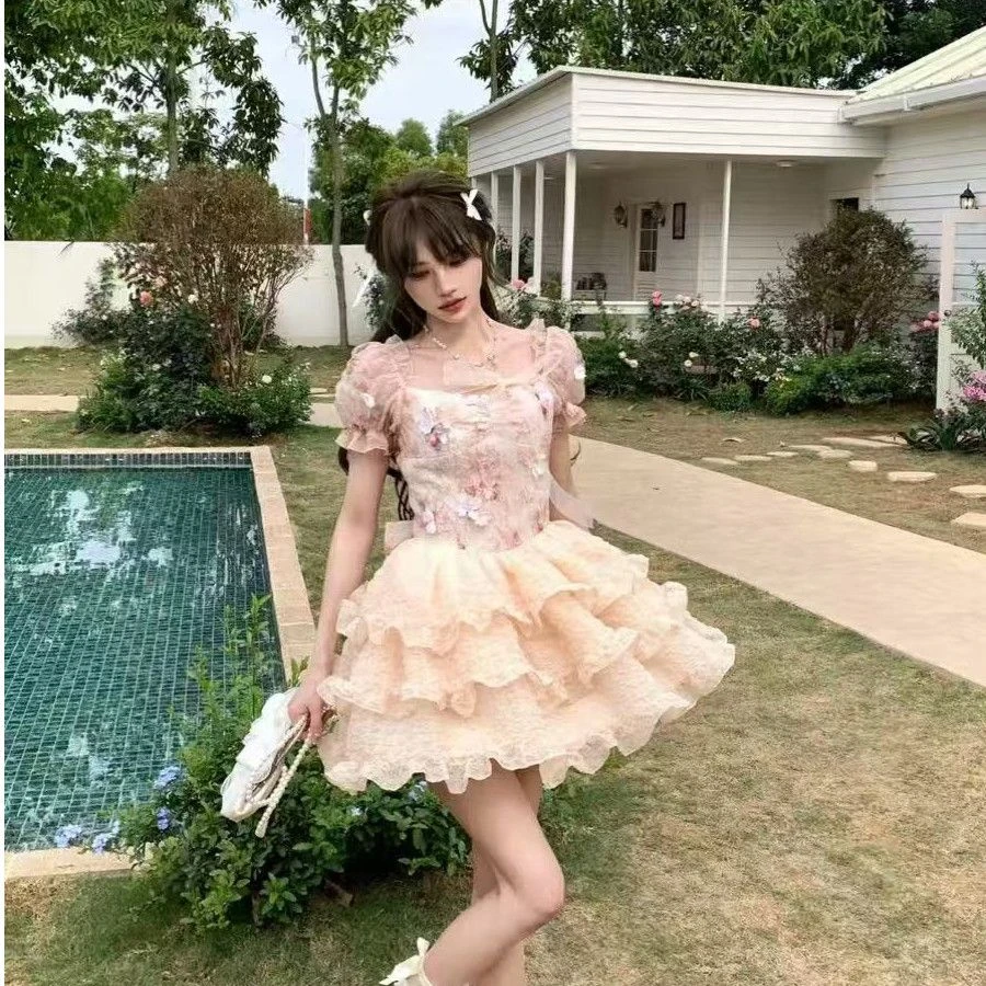 漫步花海 温柔风甜美花朵洛塔塔连衣裙夏季新款收腰蓬蓬公主裙