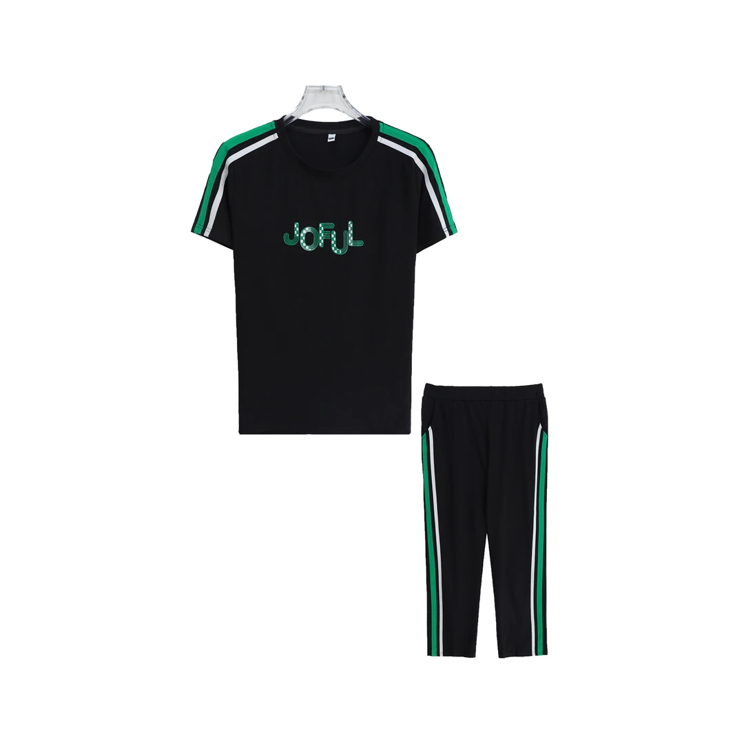 时尚圆领印花夏季条纹长裤潮流套装S1715