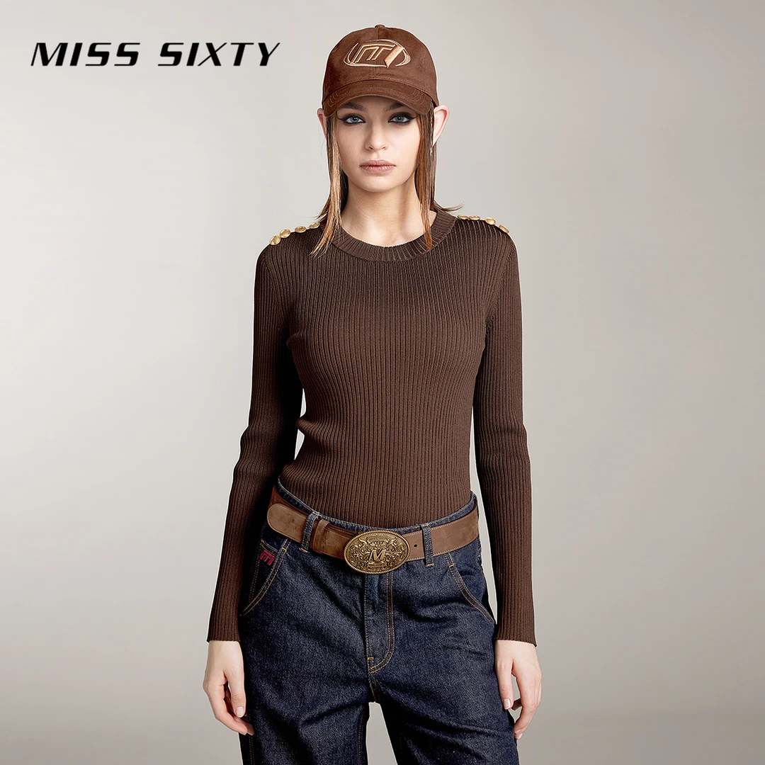 【陈嘉尔专属】Miss Sixty针织衫女圆领复古纽扣短款气质百搭上衣95